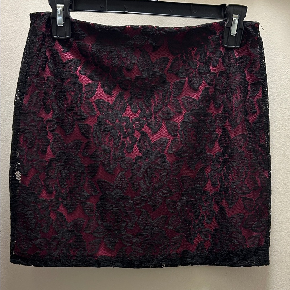 HeartSoul Black Lace Mini Skirt with Burgundy Underlay